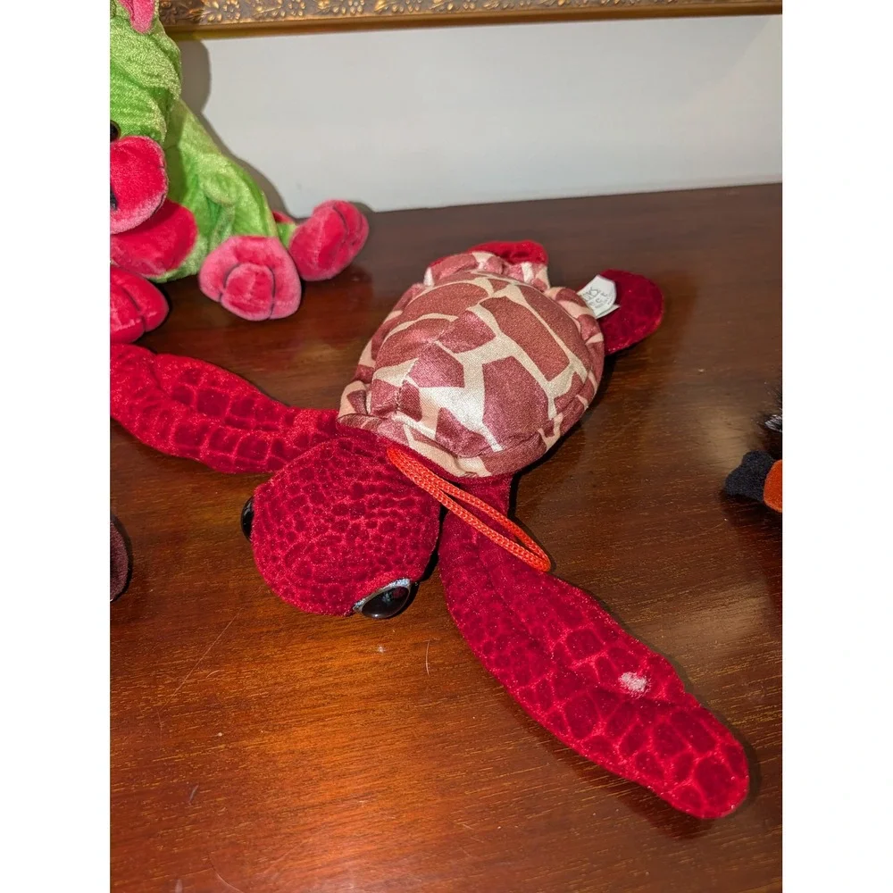 Mixed Plush Toy Lot Green Drago Red Turtle White Spotted Dog 3 Piece Set